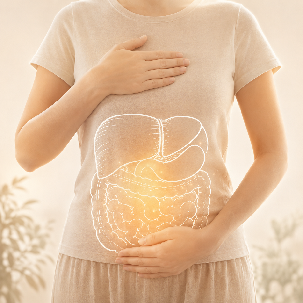 Woman holding her stomach warmly, with a glowing illustration of the digestive system